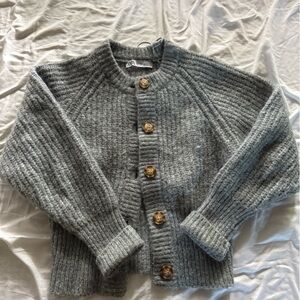 Zara Gray Ribbed Cardigan with Brown Buttons
